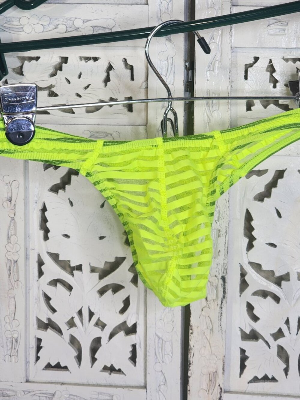 Unknown Brand Neon Lime Sheer Gray Metallic Stripe Thong Underwear Fit Like M